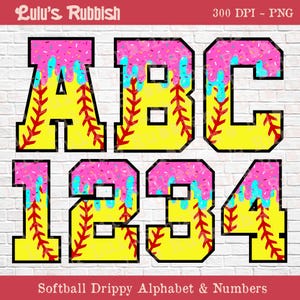 May include: Softball drippy alphabet and numbers A, B, C, 1, 2, 3, and 4. The letters and numbers are yellow with red stitching, black outlines, and pink frosting with blue drips and sprinkles. The text "Lulu's Rubbish" is at the top.