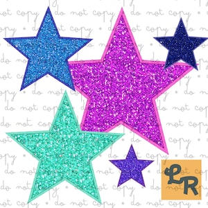 Glitter Stars Bundle, Faux Embroidery, Shiny Stars Digital Download, Magenta Navy Aqua Purple Royal