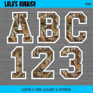 May include: A digital graphic set featuring the letters A, B, C and the numbers 1, 2, 3 in a varsity font style. Each character is filled with a brown and green camouflage pattern of autumn leaves and twigs, outlined in a thick white border.