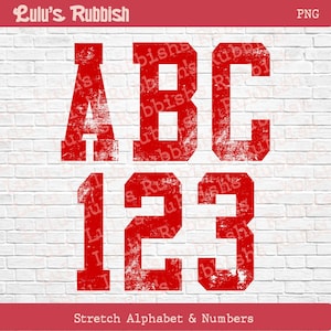 May include: Red distressed alphabet letters A, B, C and numbers 1, 2, 3 on a white brick background. The text "Stretch Alphabet & Numbers" is at the bottom. The logo "Lulu's Rubbish" is at the top left.