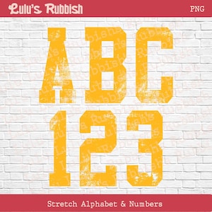 May include: Yellow distressed alphabet letters A, B, C and numbers 1, 2, 3. The text "Stretch Alphabet & Numbers" is at the bottom. The letters and numbers are in a bold, blocky font. The background is a white brick wall.
