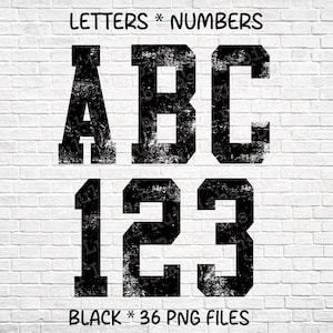 Puede incluir: Letras del alfabeto A, B, C y números 1, 2, 3 en blanco y negro con un aspecto desgastado y vintage.  LETTERS * NUMBERS BLACK * 36 PNG FILES