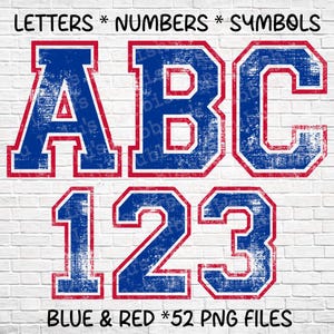 May include: Blue and red letters, numbers, and symbols in a distressed style. The letters A, B, and C are displayed above the numbers 1, 2, and 3. The text "LETTERS * NUMBERS * SYMBOLS" and "BLUE & RED * 52 PNG FILES" are also present.