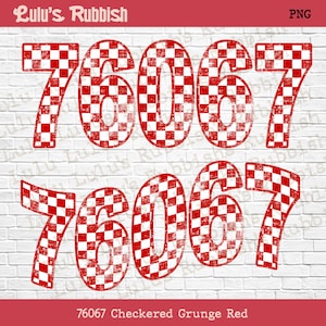 May include: Red and white checkered numbers 76067 with a grunge effect. The numbers are in a bold, blocky font.