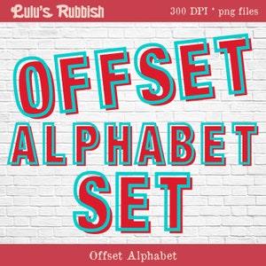 May include: Red and turquoise offset alphabet set. The letters are outlined in turquoise and have a red fill. The letters are arranged in a staggered pattern to create a 3D effect. The text "OFFSET ALPHABET SET" is displayed in large letters. The text "Offset Alphabet" is displayed in smaller letters at the bottom of the image.