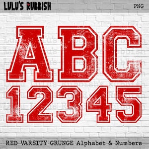 May include: Red varsity grunge alphabet and numbers, including the letters A, B, and C, and the numbers 1, 2, 3, 4, and 5. The letters and numbers are red with a white outline and a distressed texture, set against a white brick wall.