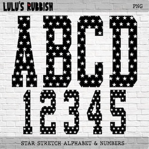 May include: A digital graphic set featuring the letters A, B, C, D and numbers 1, 2, 3, 4, 5 in a bold, block font. Each character is black with a repeating white star pattern. The text LULU'S RUBBISH and STAR STRETCH ALPHABET & NUMBERS is visible.