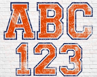 Zestaw alfabetu Varsity Distressed: pliki PNG w kolorze pomarańczowym i granatowym (pobieranie grafiki cyfrowej)