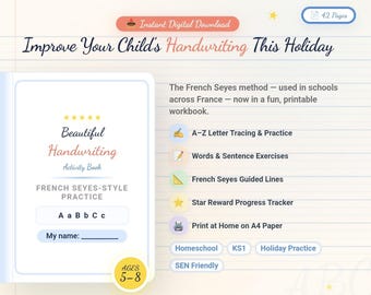 Handwriting Practice Book PDF | French Seyes Method | A-Z Letter Tracing Workbook | Kids Activity Book | Printable Worksheets Ages 5-8