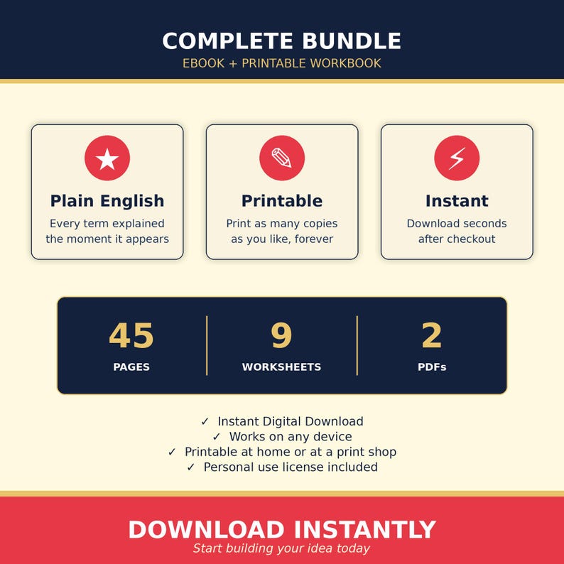 May include: A digital product bundle graphic with the text "COMPLETE BUNDLE" and "EBOOK + PRINTABLE WORKBOOK." Features include "Plain English," "Printable," and "Instant" download. The bundle includes 45 pages, 9 worksheets, and 2 PDFs. The bottom banner reads "DOWNLOAD INSTANTLY."
