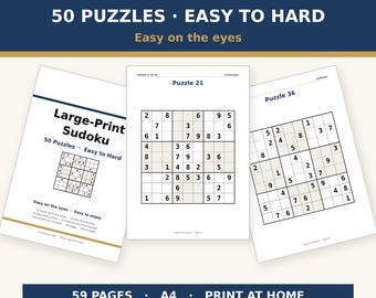 Large Print Sudoku Book Printable | 50 Puzzles Easy to Hard PDF | For Seniors Adults | A4 Letter Brain Games Download