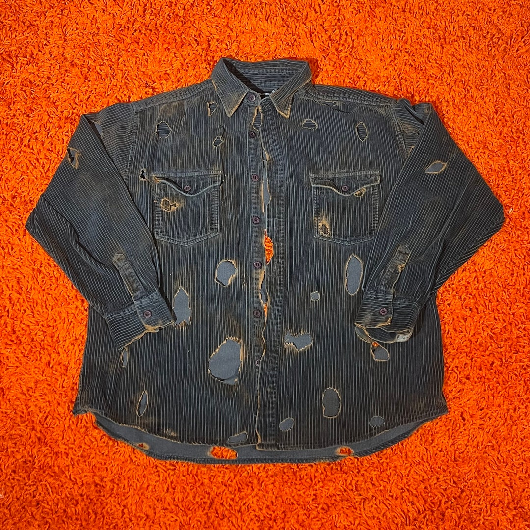 Deconstructed burnout Blue Corduroy Button Down Shirt XL Etsy