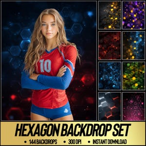 May include: A digital backdrop set featuring 144 high-resolution images with a recurring hexagon pattern in various color schemes, including red, blue, gold, green, and purple, with the text Hexagon Backdrop Set, 144 backdrops, 300 DPI, Instant Download.