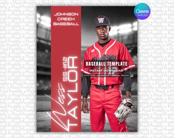 May include: A digital baseball template featuring a player in a red jersey with white trim, a black cap with a white W, and a baseball glove. Text includes JOHNSON CREEK BASEBALL, BASEBALL TEMPLATE, INSTANT DOWNLOAD, POSTERS, BANNERS, SOCIAL MEDIA, SS-#12, and NESS TAYLOR.