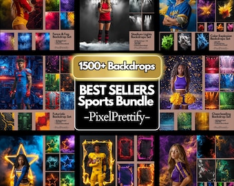 May include: A digital bundle of 1500+ sports-themed photography backdrops featuring various sets including stadium lights, color explosions, neon stars, fire frames, and smoke effects, branded as the Best Sellers Sports Bundle by PixelPrettify.