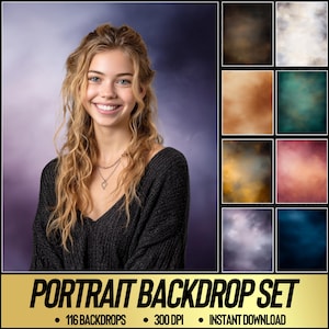 以下が含まれることがあります： 長いウェーブのかかったブロンドの髪と濃い色のセーターを着た若い女性が、紫と青の背景の前で微笑んでいます。この画像は、116 の背景、300 DPI、およびインスタントダウンロードを備えたポートレート背景セットを示しています。
