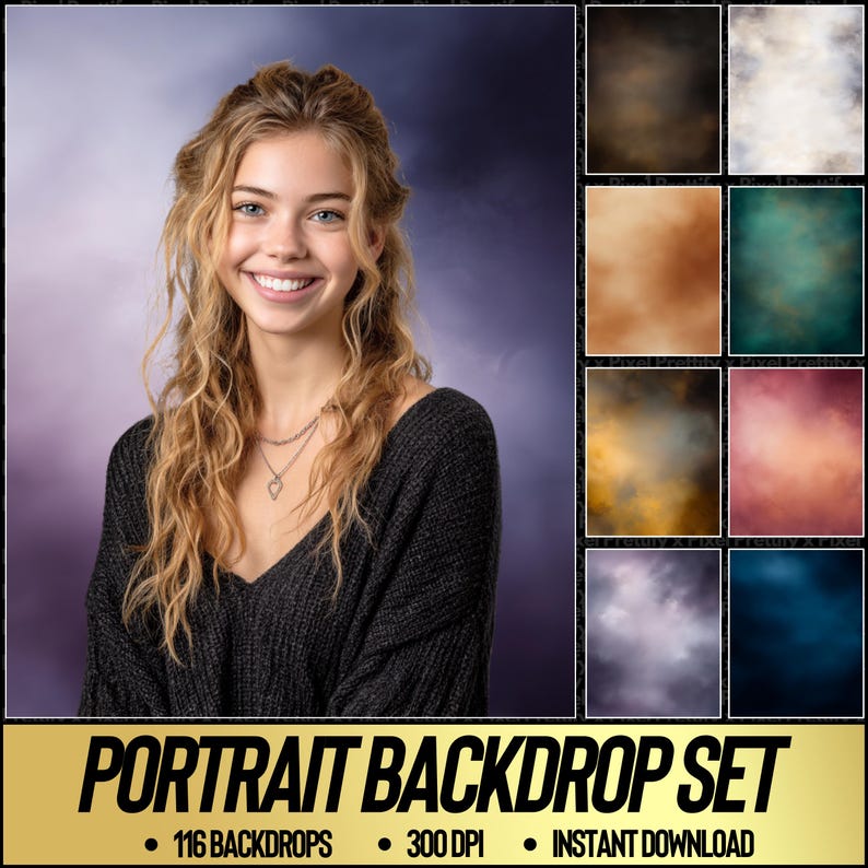 May include: A young woman with long, wavy blonde hair and a dark sweater smiles in front of a purple and blue backdrop. The image showcases a portrait backdrop set with 116 backdrops, 300 DPI, and instant download.
