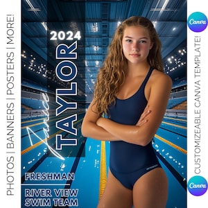 Canvassjabloon voor zwemmende poster | Zwemmerachtergrond voor seniorensporten, aangepaste zwemfoto en bannerontwerp | Alternatief voor Photoshop-sjabloon