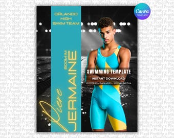 May include: A digital template for a swimming poster featuring a person in a blue and yellow one-piece swimsuit. The text reads Orlando High Swim Team, Boom Im Jermaine, Swimming Template, Instant Download, Posters, Banners, Social Media.