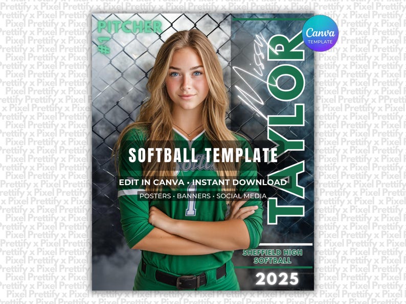 Softball Poster Canva Template | Softball Background For Custom Sports Posters, Senior Banners, Cards, Memory Mates | Non-Photoshop Template image 1
