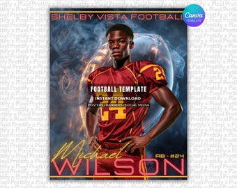 May include: A digital graphic template for a football poster featuring a player in a maroon and gold jersey with the number 24. The text reads Shelby Vista Football, Football Template, Instant Download, Posters, Banners, Social Media, and Michael Wilson.