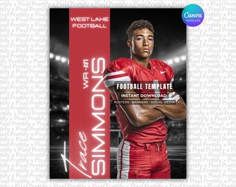 May include: A digital graphic design template for football featuring a player in a red jersey with white accents. The text reads West Lahe Football, WR #1, Trace Simmons, Football Template, Instant Download, Posters, Banners, Social Media.