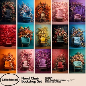 Puede incluir: Un conjunto de 32 fondos digitales que presentan una variedad de arreglos florales con una silla vintage en el centro de cada fondo. Los fondos son de varios colores, incluyendo rosa, azul, amarillo, verde, naranja y morado.