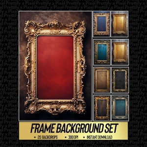 May include: A digital art set featuring ornate gold frames with various interior colors, including red and blue. The set includes a banner with the text "FRAME BACKGROUND SET" and details about the product.