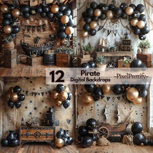 Pirate Digital Backdrops, Pirate Baby Birthday, Photoshop overlays, Balloons Cake Smash Background, Child Photography Studio