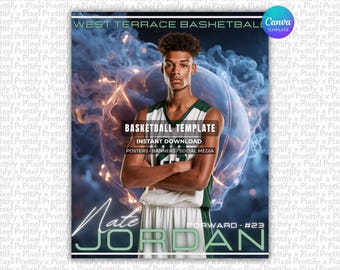May include: A digital basketball template featuring a player in a white and green jersey with arms crossed. The background displays a glowing basketball graphic with blue smoke effects. Text includes WEST TERRACE BASKETBALL, BASKETBALL TEMPLATE, INSTANT DOWNLOAD, POSTERS, BANNERS, SOCIAL MEDIA, Nate JORDAN, FORWARD - #23.