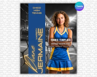 May include: A digital tennis template featuring a blue and yellow athletic uniform with a V-neck top and pleated skirt. The design includes text reading CHICO HIGH TENNIS, VARSITY, and JERMAINE, alongside a tennis net background and Canva logo.