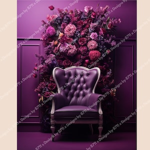May include: A plush purple armchair with a tufted back and white wooden legs sits in front of a wall covered in a vibrant purple floral arrangement.