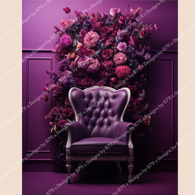 May include: A plush purple armchair with a tufted back and white wooden legs sits in front of a wall covered in a vibrant purple floral arrangement.