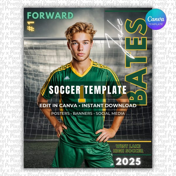 Fußball Poster & Banner Canva Template | Bearbeitbarer digitaler Fußball-Hintergrund für Sportplakat-Kulissen, Memory Mates, High School Senior