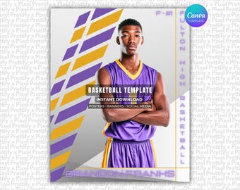 May include: A digital basketball template featuring a person in a purple and yellow jersey with arms crossed. The design includes the text BASKETBALL TEMPLATE, INSTANT DOWNLOAD, POSTERS, BANNERS, SOCIAL MEDIA, F-1, FULTON HIGH BASKETBALL, and BRANDON FRANKS.