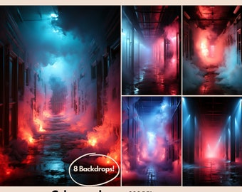 May include: A set of eight cyberpunk-style backdrops featuring a hallway with red and blue lighting and smoke. The backdrops are 300 DPI and high resolution. Instant download.