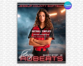 May include: A digital graphic design template for a softball player featuring a person in a red and black jersey with the text JESSUP COUNTY SOFTBALL, SOFTBALL TEMPLATE, INSTANT DOWNLOAD, POSTERS, BANNERS, SOCIAL MEDIA, STACY ROBERTS, and SHORT STOP #1.