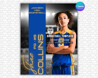 May include: A digital basketball template featuring a blue and yellow jersey with the number 9. Text includes JACKSON HIGH BASKETBALL, PG #9, COLLINS, and BASKETBALL TEMPLATE INSTANT DOWNLOAD POSTERS BANNERS SOCIAL MEDIA on a blurred court background.