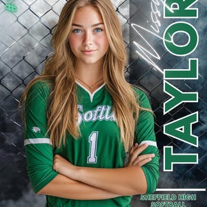 May include: A young woman in a green softball uniform with the number 1. The uniform has white accents and the text "Softball" is visible. The background includes the text "Missy Taylor" and "Sheffield High Softball 2025".