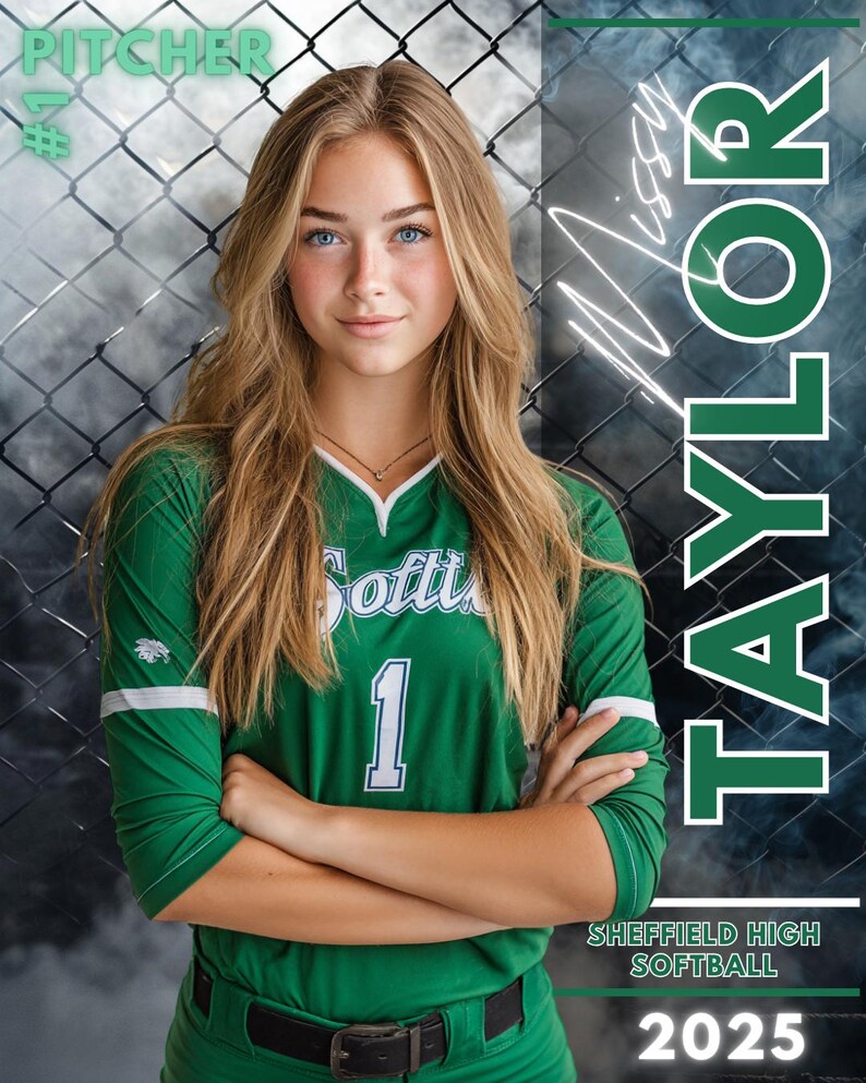 May include: A young woman in a green softball uniform with the number 1. The uniform has white accents and the text "Softball" is visible. The background includes the text "Missy Taylor" and "Sheffield High Softball 2025".