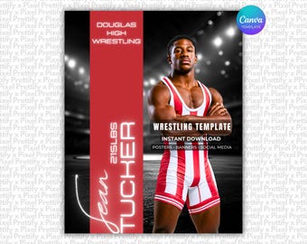 May include: A digital graphic template featuring a wrestler in a red and white singlet with arms crossed. Text includes DOUGLAS HIGH WRESTLING, 215LBS, SEAN TUCKER, WRESTLING TEMPLATE, INSTANT DOWNLOAD, POSTERS, BANNERS, SOCIAL MEDIA, and a Canva logo.