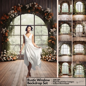 Puede incluir: Un conjunto de fondos digitales que presentan una ventana rústica con acentos florales. Los fondos son perfectos para fotógrafos y artistas digitales que buscan crear una estética romántica y caprichosa.