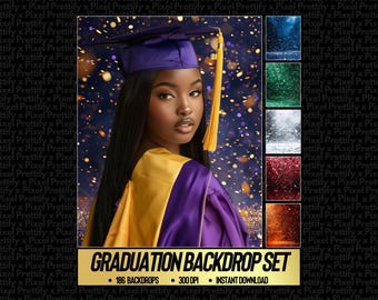 May include: A young woman in a graduation cap and gown, with a gold and purple color scheme, is featured in front of a dark blue background with gold confetti. The image includes a graduation backdrop set with 186 backdrops and 300 DPI.