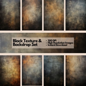 May include: A set of 8 high-resolution digital backgrounds in dark brown, gray, and black tones. The backgrounds are perfect for adding a vintage, rustic, or grunge aesthetic to your designs.  Black Texture & Backdrop Set. 300 DPI. High Resolution Images. Instant Download.