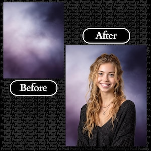 May include: A split image showing a before and after photo. The "Before" image is a cloudy purple background. The "After" image shows a smiling woman with blonde hair against a similar background. The text "After" and "Before" are in white ovals.