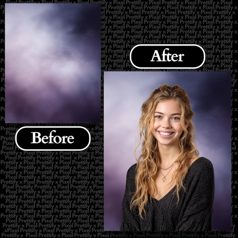 May include: A split image showing a before and after photo. The "Before" image is a cloudy purple background. The "After" image shows a smiling woman with blonde hair against a similar background. The text "After" and "Before" are in white ovals.