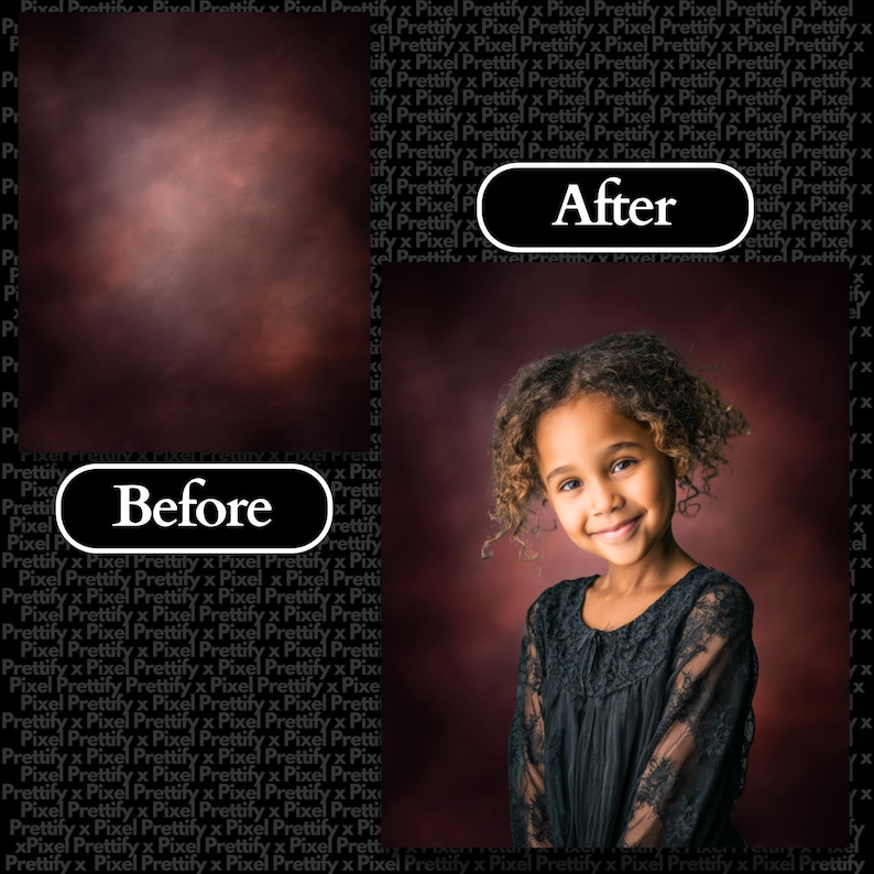 May include: A split image shows a young girl before and after photo editing. The "Before" image has a dark, blurry background. The "After" image shows the girl smiling, with a clear, burgundy background. The text "After" and "Before" are in white ovals.