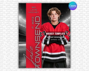 May include: A digital graphic template for a hockey poster featuring a person in a red, black, and white jersey with the number 23. The design includes the text Big Lake Hockey, F-#23, and the name Jake Townsend, set against a hockey rink background.