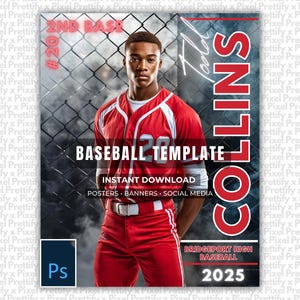 Baseball Photoshop Template | Senior Posters, Baseball Banners, Memory Mates & Player Cards | Custom PSD Background | Sports Photography