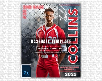 Baseball Photoshop Template | Senior Posters, Baseball Banners, Memory Mates & Player Cards | Custom PSD Background | Sports Photography